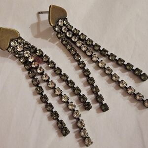 Sabika Black Diamond & Clear Tiara Crystals Silver Heart Dangle Earrings 2.25"